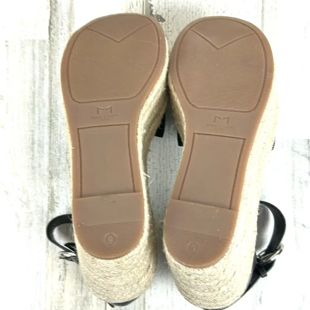 Marc Fisher Womens 9 Black Leather Buckle Platform Espadrille Sandals NEW